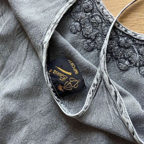 vtg 90s drop‎ waist embroidered ruffle boho dress distressed grey rayon medium - Picture 8 of 8